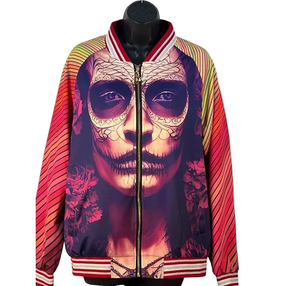 PRETTY WORTHY‎ day of the dead graphic print womens bombe jacket L - Picture 2 of 8